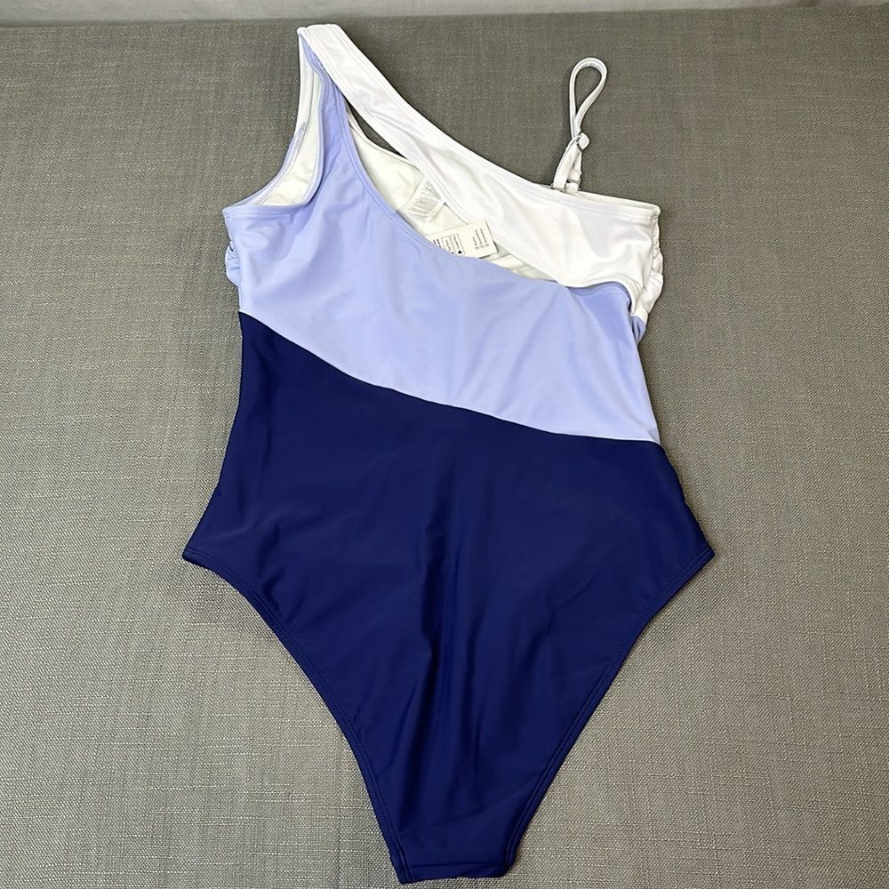 Cupshe Swimsuit Wm Medium Blue White Purple Stripe One Shoulder One Piece - Picture 2 of 14